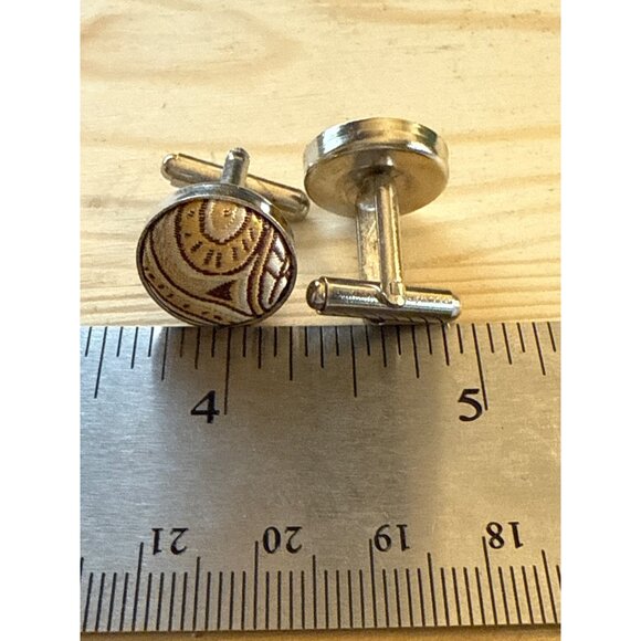 Mens Silver Tone Round Cufflinks With Abstract Patterned Fabric Insets - Picture 2 of 4